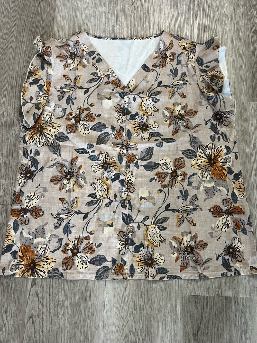 386–Floral V-Neck Ruffle Sleeve Womens Top in Beige and Brown